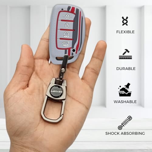 KEYCEPT Tristar Silicone Key Cover for Hyundai Alcazar, Creta, EV 2021 Nline 4 Button Smart Key with Keychain. (Type 2, Grey) - Image 5
