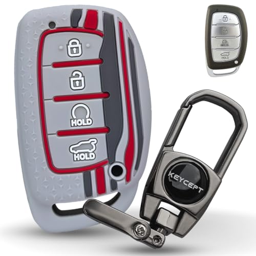 KEYCEPT Tristar Silicone Key Cover for Hyundai Alcazar, Creta, EV 2021 Nline 4 Button Smart Key with Keychain. (Type 2, Grey) - Image 1