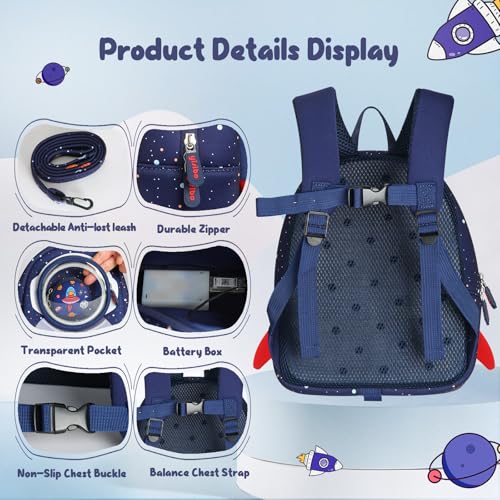 yisibo LED Lights Rocket Toddler Backpack with Harness Leash Kindergarten Nursery Bags Travel for Kids Baby Boys Girls - Image 3