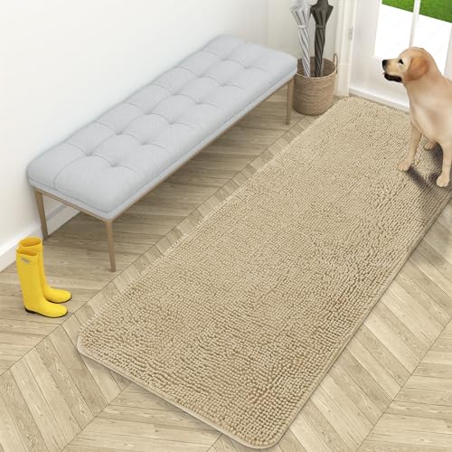 OLANLY Dog Door Mat for Muddy Paws 59x24 Absorbs Moisture and Dirt Absorbent NonSlip Washable Doormat Quick Dry Chenille Mud Mat for Dogs Entry Indoor Entryway Carpet for Inside Floor Beige