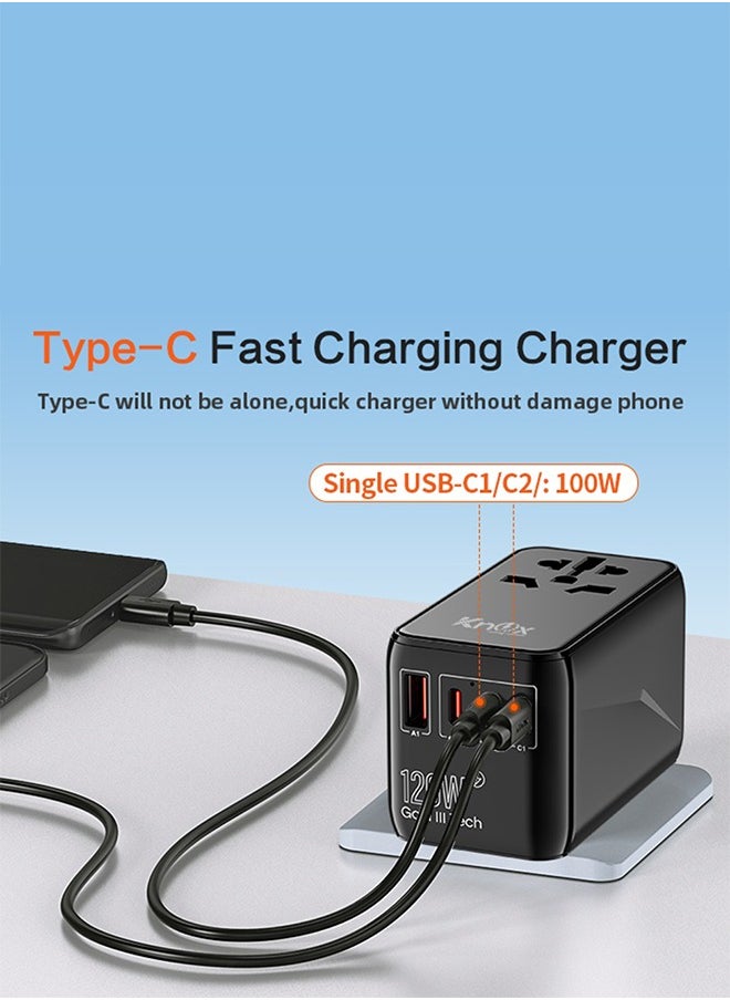 120W Travel Power Adapter Gen III technology, International Adapter with 1 USB-A & 3 USB-C PD Fast Charging, Universal Travel Adaptor for Smart Phone, Laptops, Worldwide Plug