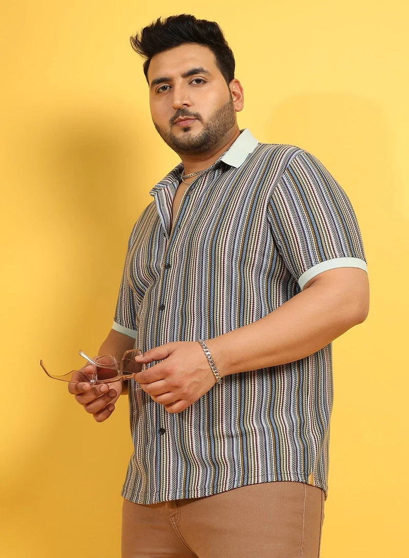 Instafab Plus Men's Sage Green Contrast Knitted Shirt For Casual Wear | Spread Collar | Short Sleeve | Button Closure | Cotton Shirts Crafted With Comfort Fit For Everyday Wear