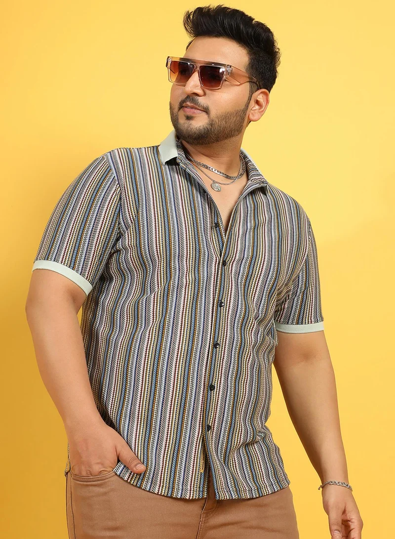 انستافاب بلس قميص رجالي أخضر مريمي محبوك بياقة ممتدة وأكمام قصيرة للإستخدام اليومي