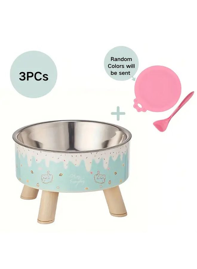 مجموعة وعاء قطط أزرق 3 قطع مع حامل ملعقة غطاء مغذي من الفولاذ المقاوم للصدأ - Image 1
