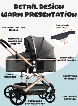 Reversible Trip Baby Stroller | Excellent Shocker | Forward & Parent Facing | Wide Cannopy & Seat | 5-Point Safety Harness | Reversible Handle | Adjustable Backrest | Extra Storage Space | Big Basket | Large Size Breathable Travel Stroller | One Hand Easy Foldable Stroller for Airplane Travel | 6-36Months | Grey - view 3