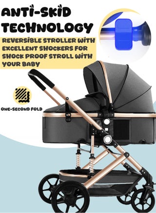 Reversible Trip Baby Stroller | Excellent Shocker | Forward & Parent Facing | Wide Cannopy & Seat | 5-Point Safety Harness | Reversible Handle | Adjustable Backrest | Extra Storage Space | Big Basket | Large Size Breathable Travel Stroller | One Hand Easy Foldable Stroller for Airplane Travel | 6-36Months | Grey - view 5