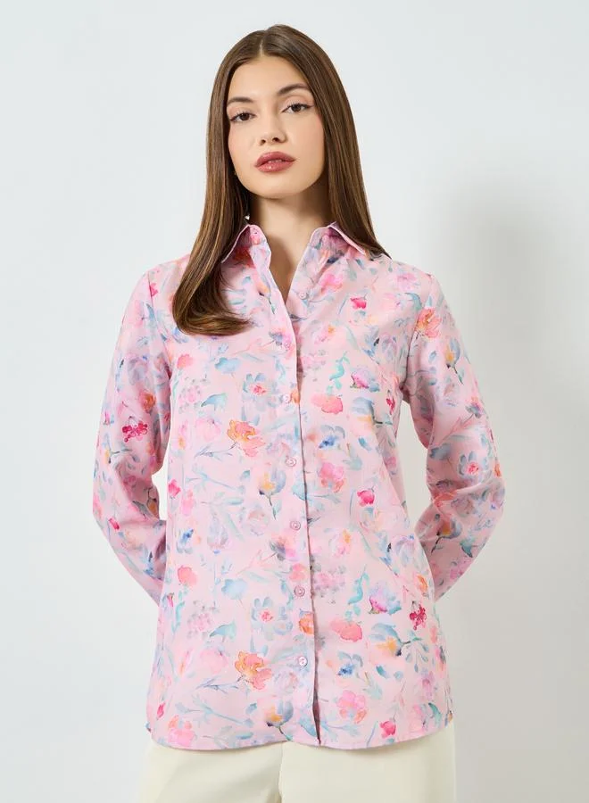 Styli Pink Floral Print Long Sleeve Shirt