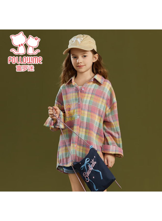 Fulomi Girls' Plaid Long Sleeve Shirt Spring Autumn Korean Style Pink Checkered Top Jacket For Little Girls Size 160