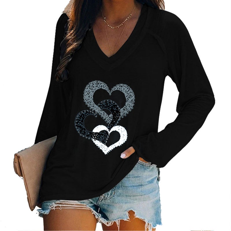 2020 Cross Border EaBY Wish Solid Color Long Sleeve V-Neck Stitching Casual Large Size T-Shirt Top Women's Clothing Pink L - Image 3