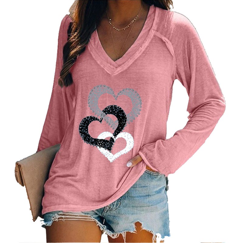 2020 Cross Border EaBY Wish Solid Color Long Sleeve V-Neck Stitching Casual Large Size T-Shirt Top Women's Clothing Pink L - Image 1