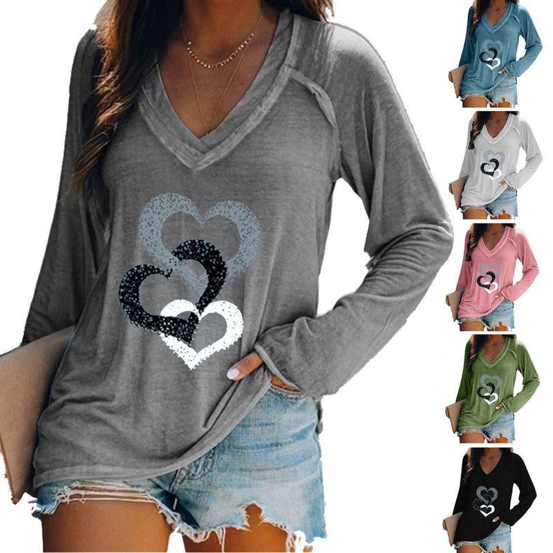 2020 Cross Border EaBY Wish Solid Color Long Sleeve V-Neck Stitching Casual Large Size T-Shirt Top Women's Clothing Pink L - Image 2