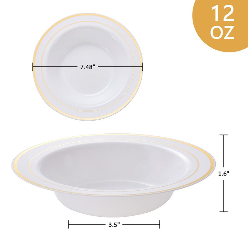 N9R 30PCS Disposable Plastic Bowls with Gold Rim, 12 oz Fancy White Plastic Bowls, Premium Dessert Salad Bowls Perfect for Party, Wedding and Everyday Use - Image 2