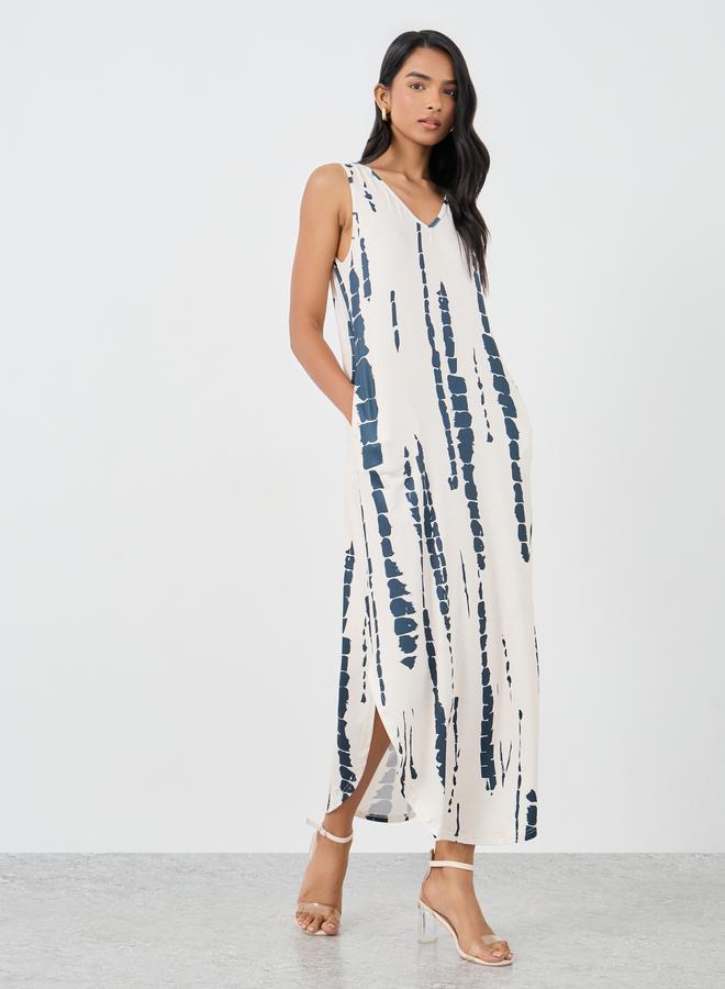 تايك تو فستان ميدي بدون أكمام بياقة على شكل حرف  وطبعة - Image 1