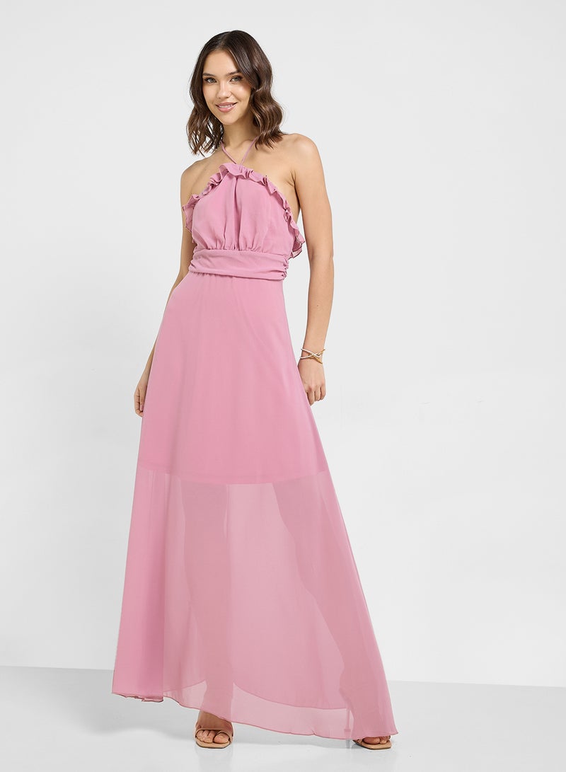 ايلا فستان ماكسي بياقة هالتر وكشكشة - Image 1