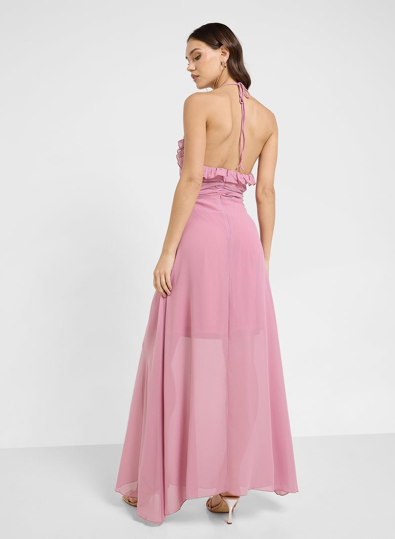 ايلا فستان ماكسي بياقة هالتر وكشكشة - Image 2