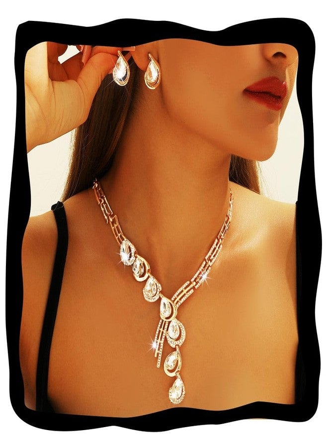 جورايس طقم مجوهرات زفاف ذهبي من GORAIS، يتضمن قلادة وأقراط مرصعة بالألماس، ومجوهرات سهرة مميزة مرصعة بأحجار الراين للنساء والعرائس - Image 1