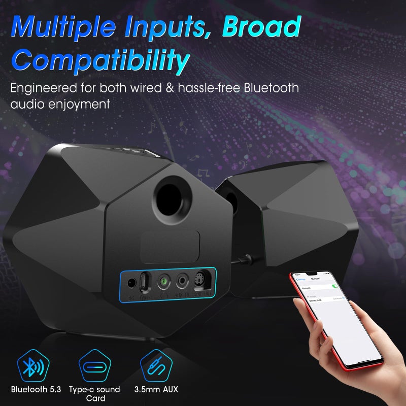 BESTISAN Computer Gaming Speakers with 8 RGB Modes, Compact Design, DC Powered Desktop Speaker with 3 EQ Modes, 50W Active Speakers with Bluetooth 5.3, AUX in, Headphone, Type-C Port for PC/Laptop/TV - Image 3