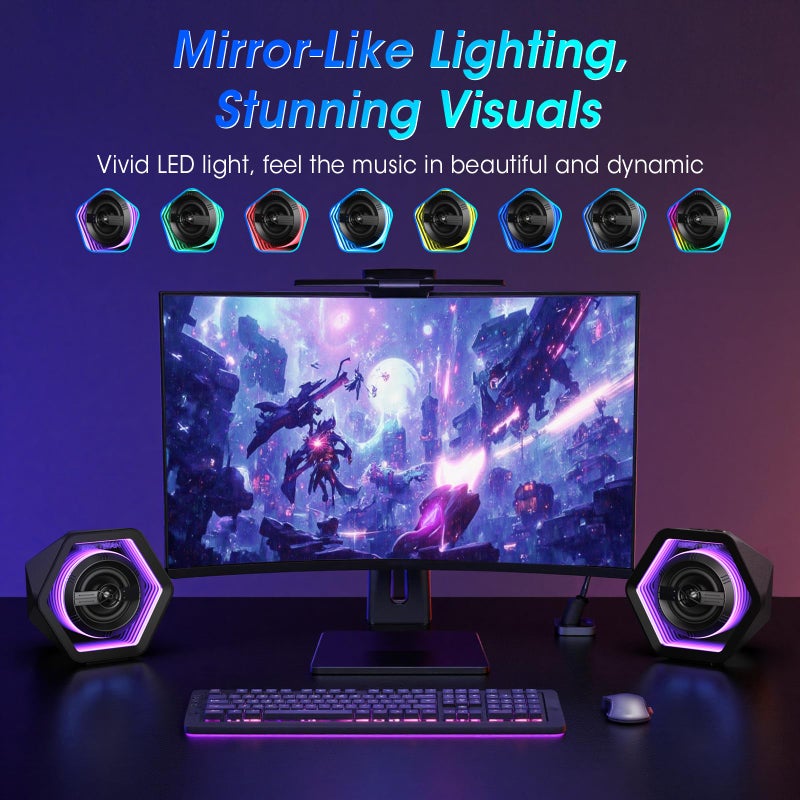 BESTISAN Computer Gaming Speakers with 8 RGB Modes, Compact Design, DC Powered Desktop Speaker with 3 EQ Modes, 50W Active Speakers with Bluetooth 5.3, AUX in, Headphone, Type-C Port for PC/Laptop/TV - Image 5