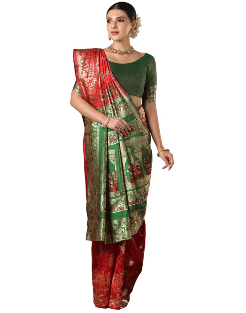 Shiv Textiles Women's Silk Blend Woven Saree(SAT-593-RED) - Image 1