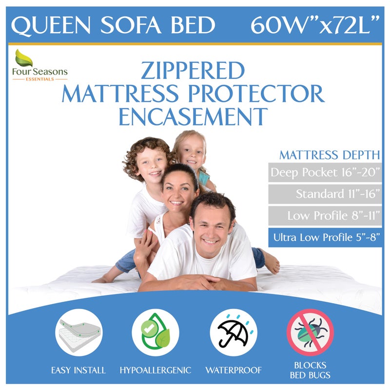 Sleeper Sofa Queen Mattress Protector 60 Wx72 Lx5 D Waterproof Zippered Encasement Premium Quality Bed Cover Protects Against Dust Allergens White