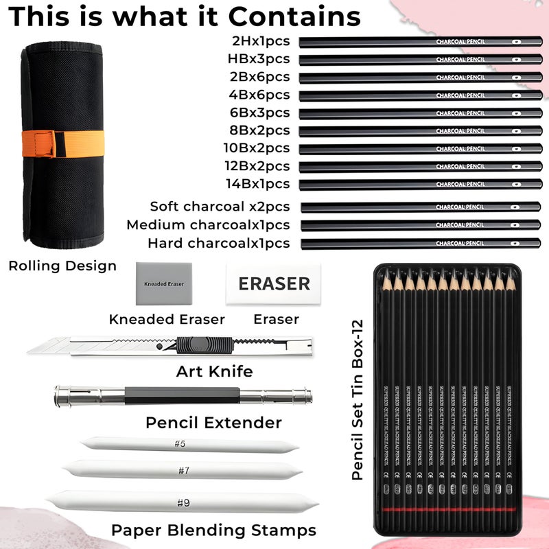 DaKos 50 Pcs. Professional Sketching Set for Artists, Drawing Tool Kit for Beginners, Complete Sketching Pencil Set for Kids with Easy Carry Canvas Rolling Pouch & Storage Box - Image 2