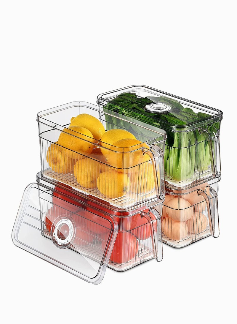 MIXDE 4 Pack Fridge Organizer with Freshness Timer Lid, Stackable Refrigerator Organizer Bins with Front Handle and Drain Tray, BPA-FREE Clear Plastic Storage Bins for Kitchen, Pantry, Refrigerator - Image 1