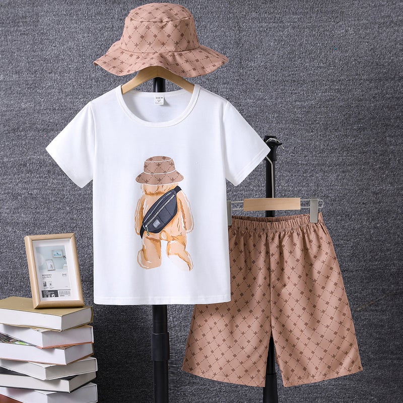 Short Sleeve Round Neck Coat + Full Print Shorts + Fisherman Hat - Image 1