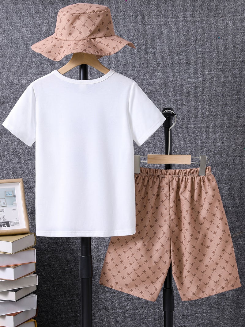 Short Sleeve Round Neck Coat + Full Print Shorts + Fisherman Hat - Image 3