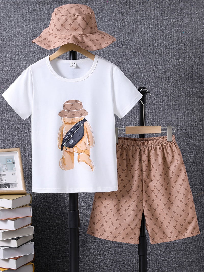 Short Sleeve Round Neck Coat + Full Print Shorts + Fisherman Hat - Image 2
