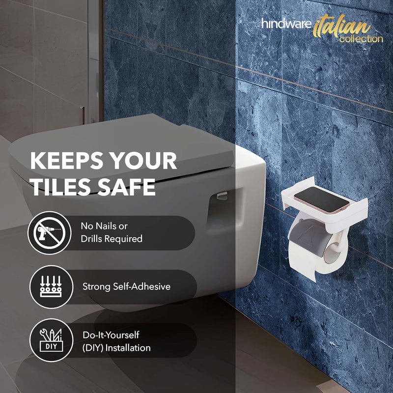 hindware Self Adhesive Toilet Paper Holder for Bathroom, Tissue Holder, No Drill No Hole Magic Sticker Wall Mount Holder with Cover and Mobile & Spectacles Holder | Space Saving Bathroom Accessories. - Image 4