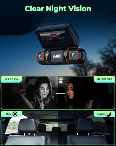 LAMTTO Dash Cam Front and Rear Inside with Hardwire Kit for 24h Security Parking Monitor, 360 Degree View 4 Channel 1080P Dash Camera for Cars Left Right, IR Night Vision Dashcam, Free 128GB Card - Image 4