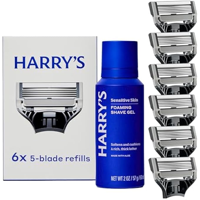 هاري مجموعة الحلاقة الأصلية من هاريس للرجال 6 عبوات شفرة حلاقة رغوية جل حلاقة ألماني هندسي - Image 1