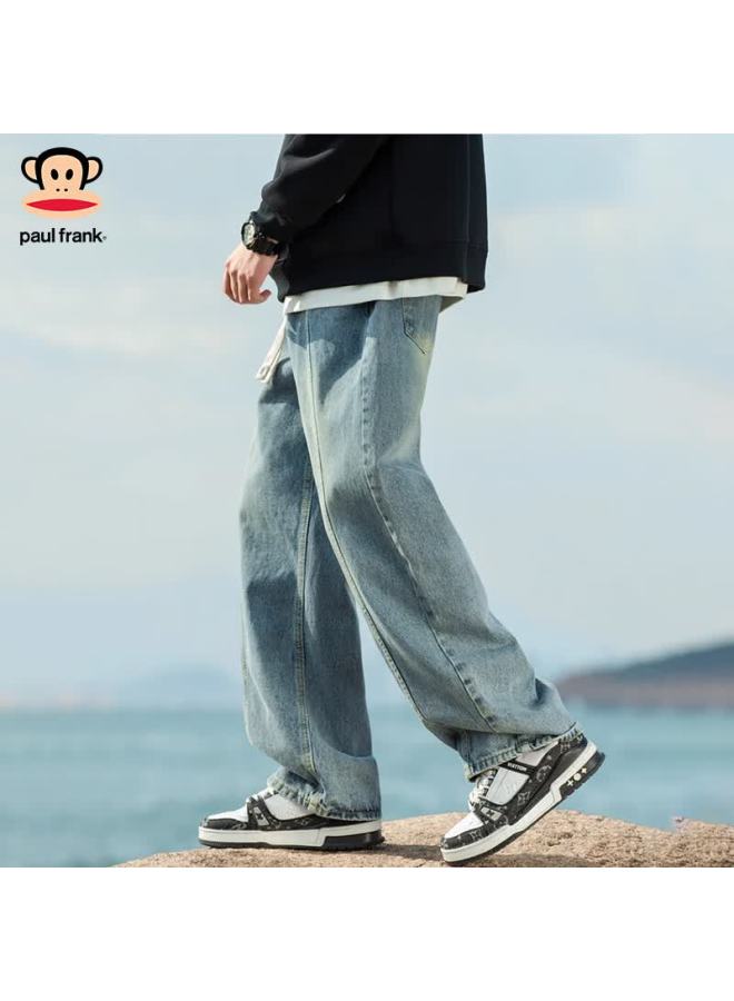 Paul Frank Men's Fleece-lined Denim Jeans Autumn Winter New American Straight Loose Retro Jeans Black Gray Regular 2XL