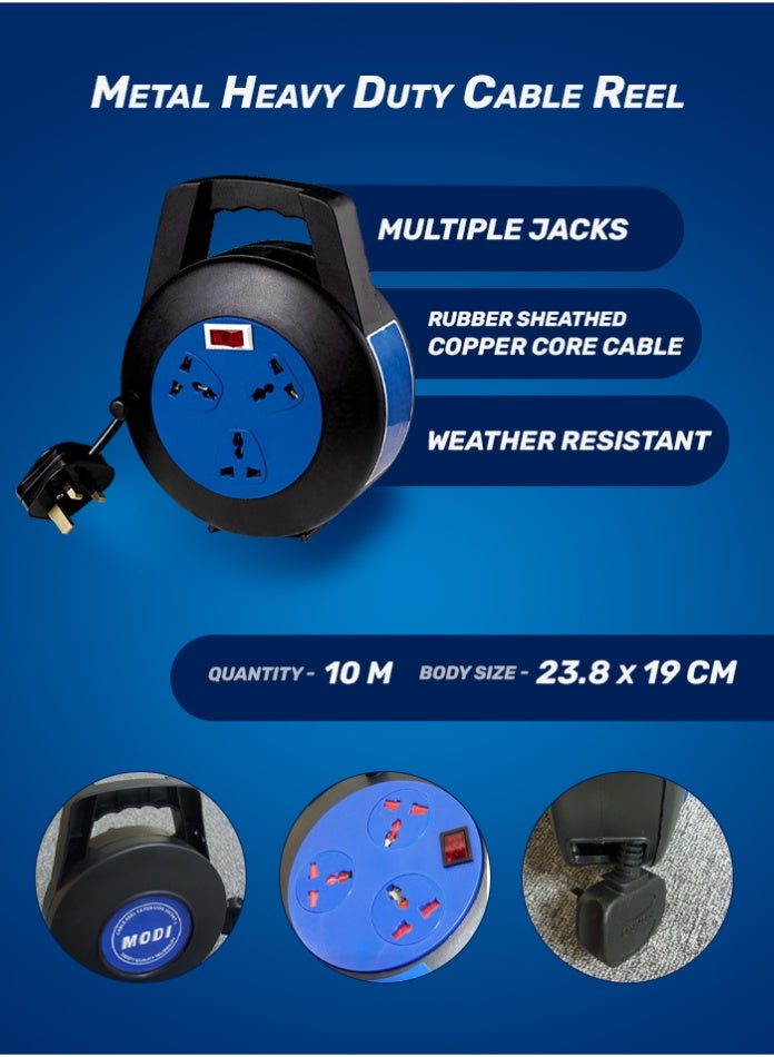 MODI Retractable 3 Way Extension Cord Reel Cable Reel with Power Button for Home, Office 2000 Watts Power Extension - 10 M - Image 3