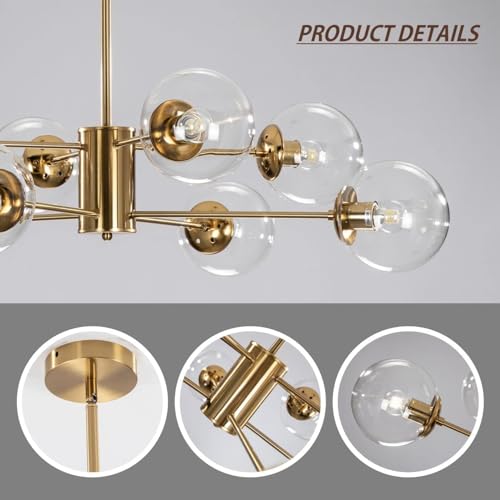 KCO Lighting Modern Sputnik Chandelier 8-Light Clear Glass Globe Ceiling Pendant Light Mid Century Brass Flush Mounted Fixture Kitchen Island (Gold+Clear) - Image 3