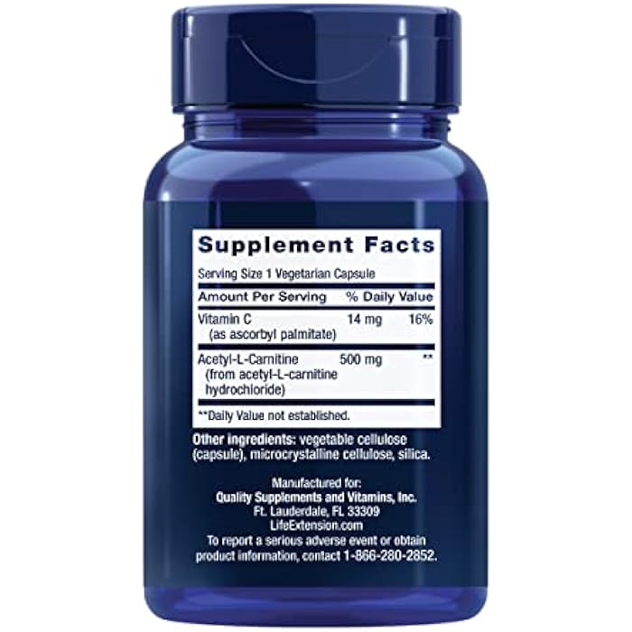 Life Extension Acetyl-L-Carnitine, Acetyl-L-Carnitine, Vitamin C, Brain, Mood & Nerve Health, Cellular Energy, 3-Month Supply, Gluten-Free, Non-GMO, Vegetarian, 100 Capsules - Image 2