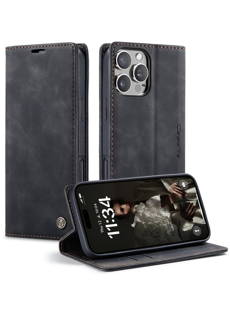 ICARLUS For iPhone 16 Pro Max Case Card Holder Stand Leather Phone Cover - Black  - Image 1