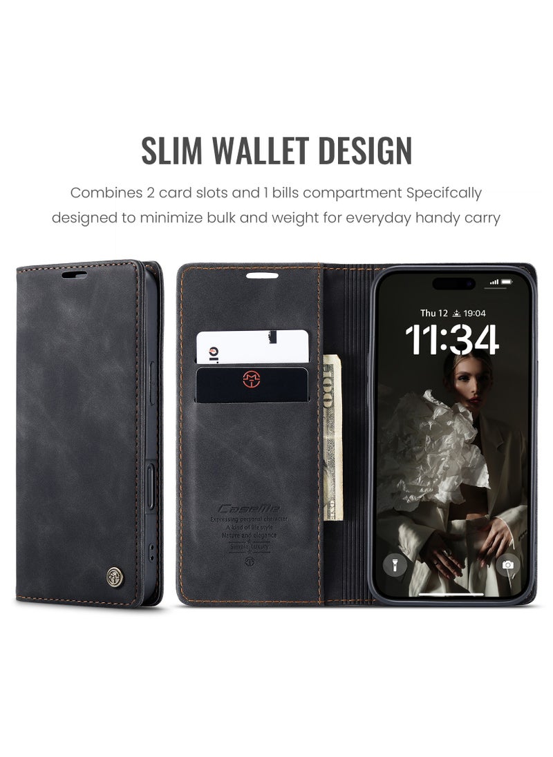 ICARLUS For iPhone 16 Pro Max Case Card Holder Stand Leather Phone Cover - Black  - Image 4