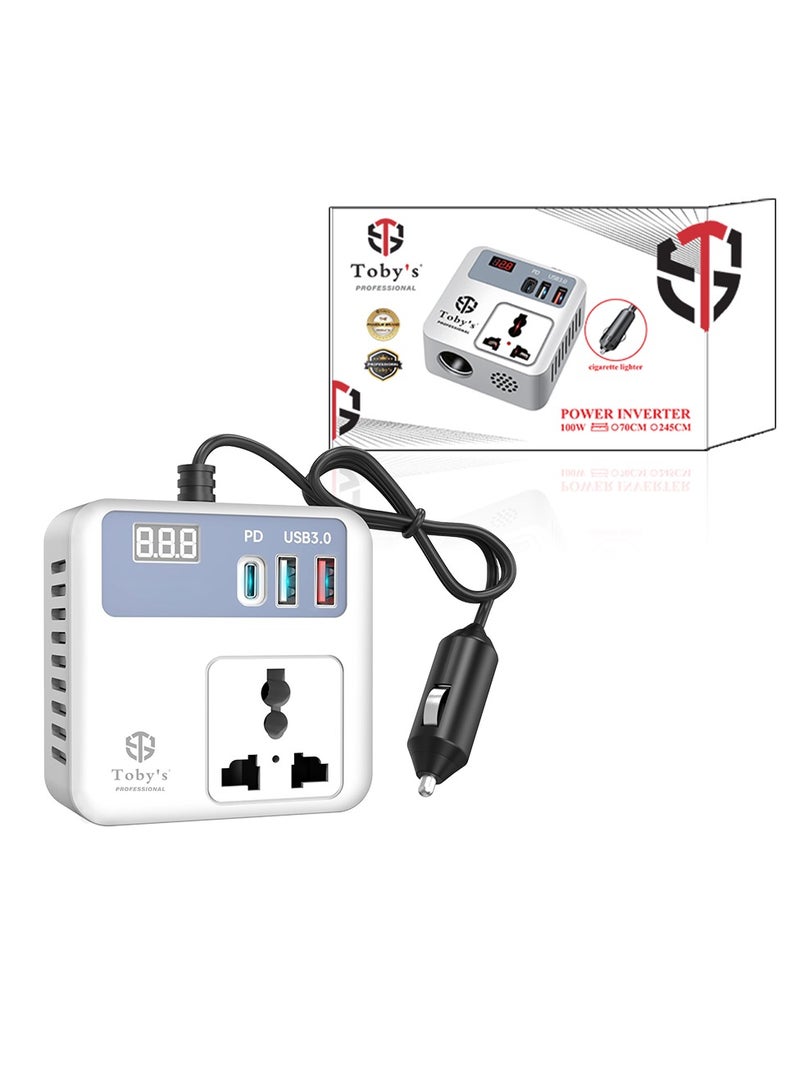 توبيز محول طاقة توبيز 100 واط بطول 245 سم مع غلاف ABS وموصلات نحاسية ولوحة PCB، سلك ولاعة سيارة، منافذ USB-C وUSB-A وQC، مدخل DC12V إلى مخرج 220V - Image 1