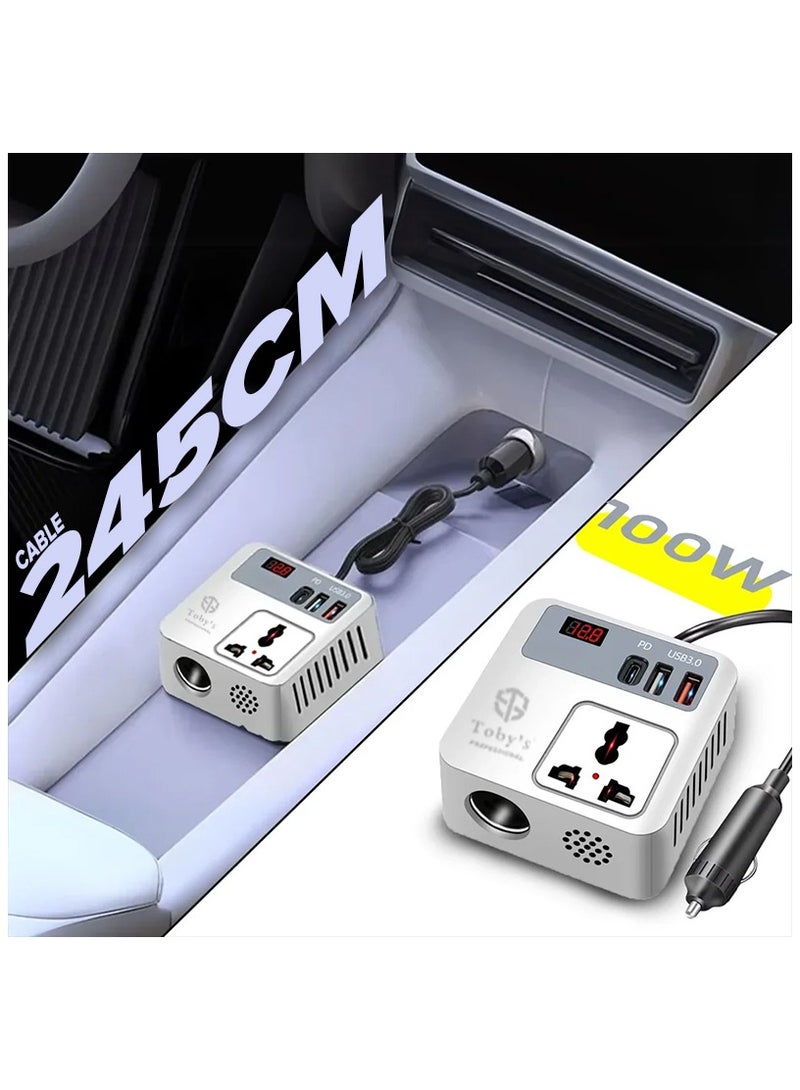 توبيز محول طاقة توبيز 100 واط بطول 245 سم مع غلاف ABS وموصلات نحاسية ولوحة PCB، سلك ولاعة سيارة، منافذ USB-C وUSB-A وQC، مدخل DC12V إلى مخرج 220V - Image 2