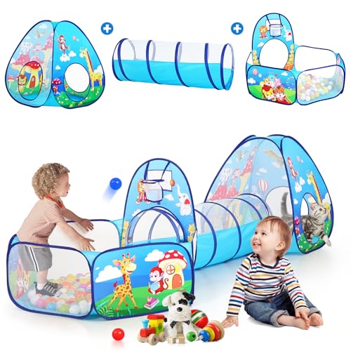 PigPigPen 3 in 1 Kids Play Tent with Tunnel and Ball Pit for Boys Girls Toddler Pop Up Playhouse Toy for Indoor Outdoor Jungle 3pc Play Tent - Image 1