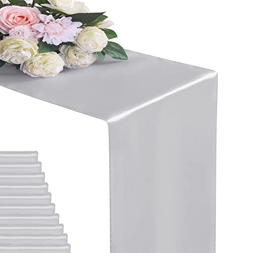 Flohar 12Pack Table Runner 12 x 108 Inches Satin Silk Table Runner for Wedding Birthday Party Banquets Graduations Decoration fit Rectange and Round TableSilver