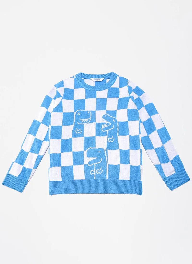نوتيناتي Nautinati Boys Dinosaur Print Round Neck Checkered Jacquard Knit Sweater