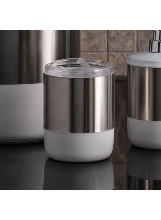 Primanova - Lima Long Lasting Round Toothbrush Holder White and Silver 13 x 9 x 9 cm - Image 1