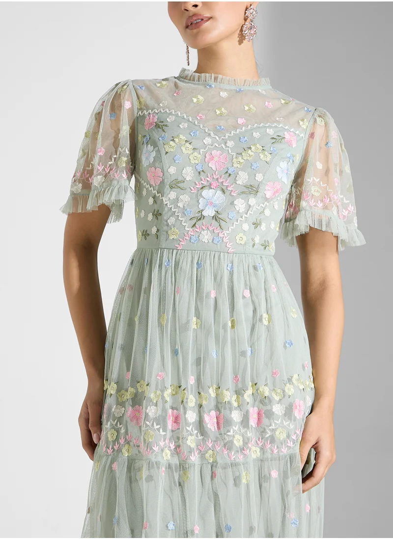 Maya Embroidered High Neck Maxi Dress