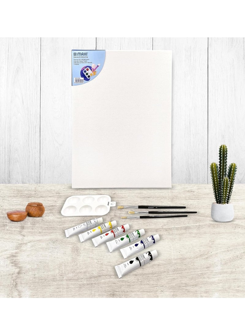 Maxi - A3 Size Stretched Canvas Board With 6 Acrylic Paint Tubes, 3 Brushes And A Painting Palette - Image 1