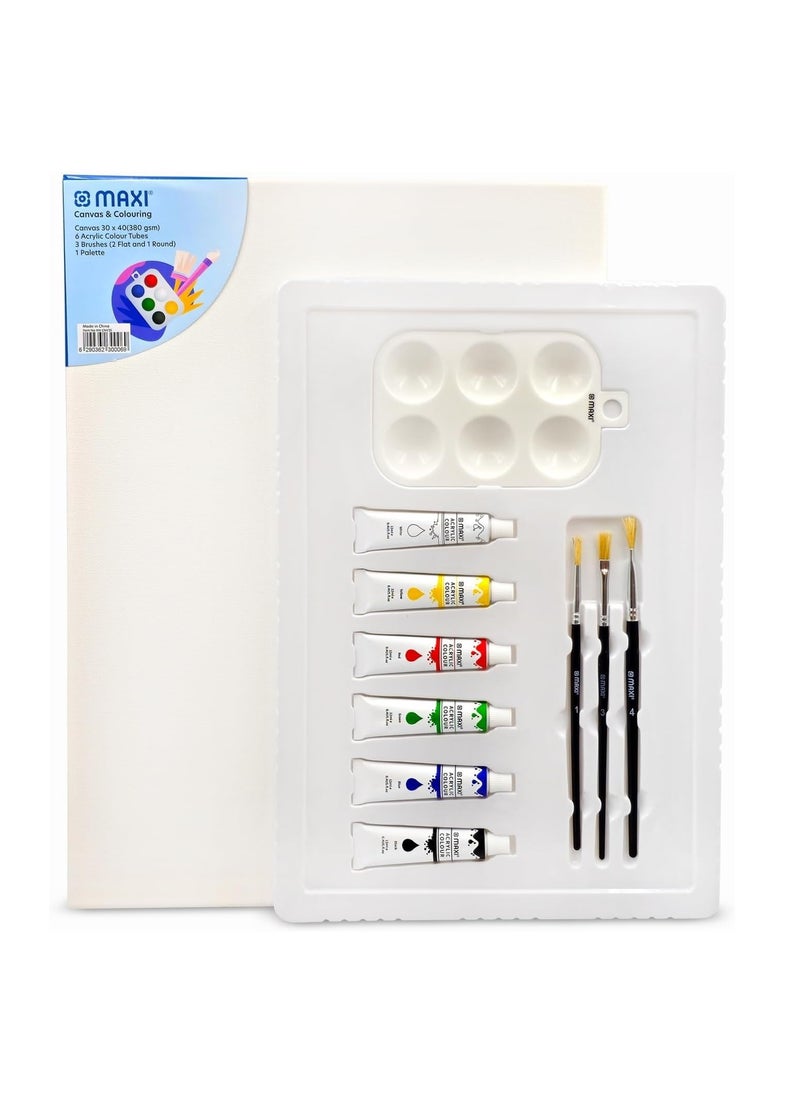 Maxi - A3 Size Stretched Canvas Board With 6 Acrylic Paint Tubes, 3 Brushes And A Painting Palette - Image 1