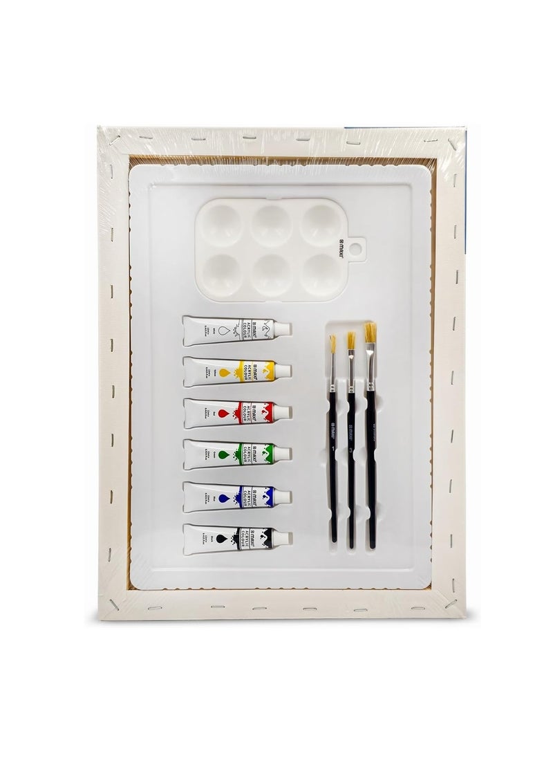 Maxi - A3 Size Stretched Canvas Board With 6 Acrylic Paint Tubes, 3 Brushes And A Painting Palette - Image 1