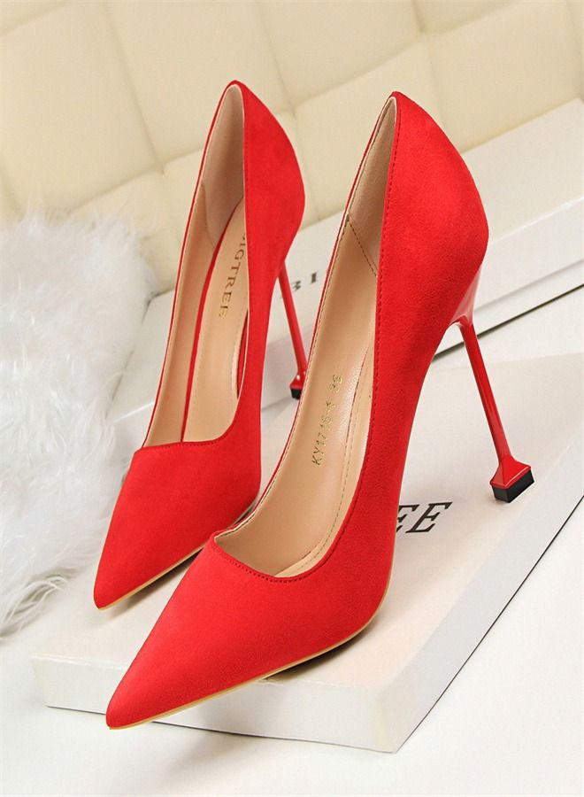 BIGTREE Suede Shallow Pointed High Heels 9.5CM Red