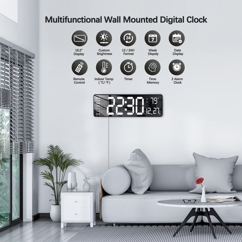 JoFomp Digital Wall Clock Large 16 Inch LED Display Remote Control Alarm Clock Automatic Brightness Date Week Timer Temperature 1224H Wall Mount for Home Office White - Image 4